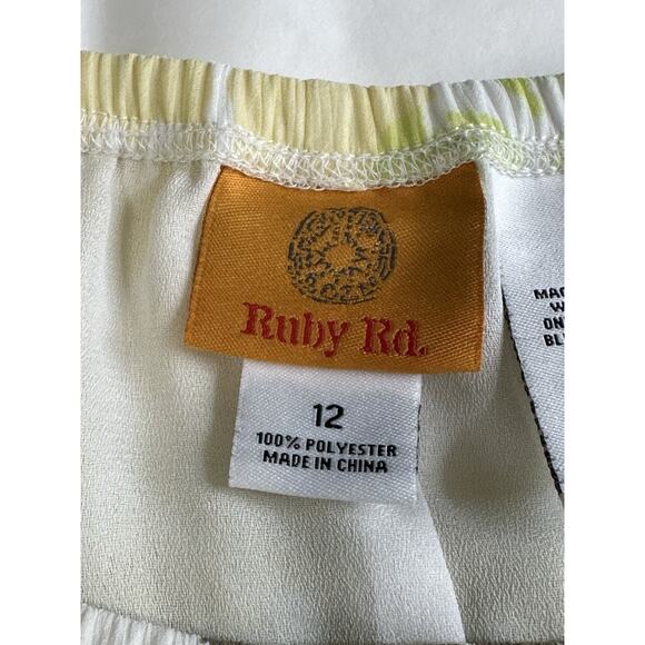 Ruby Rd Midi ALine Skirt Sz 12 Yellow Gray Floral Print Lined Elastic Waist - Picture 7 of 9